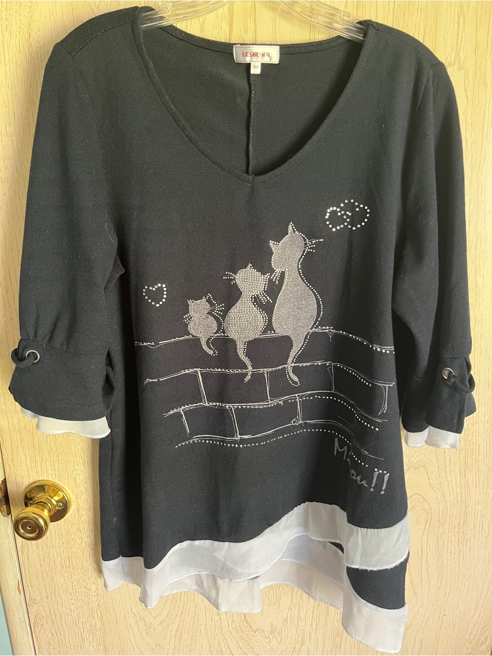 Le Grenier Kitty Cat Crystal Knit Pull Over Too Sz Large Adorable!